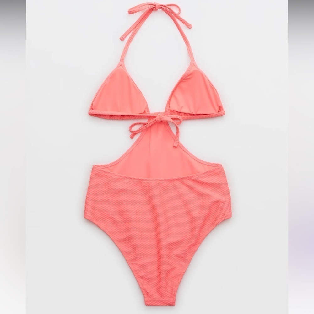 Aerie Jacquard Cut Out String One Piece Swimsuit NWT Coral Sun - Picture 5 of 11